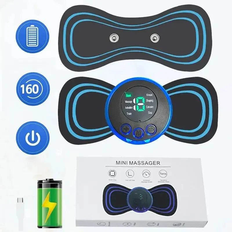 Intelligent Mini Electric Neck Massager with adjustable modes and USB charging, black and blue design.