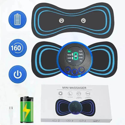 Intelligent Mini Electric Neck Massager with adjustable modes and USB charging, black and blue design.