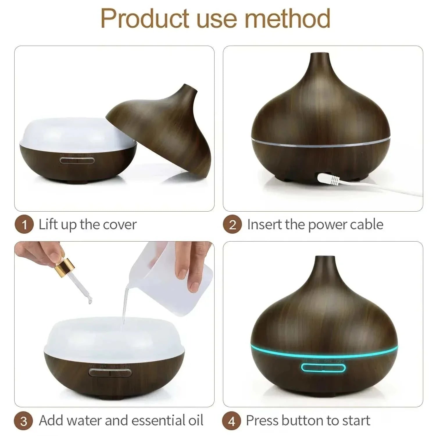 Air Humidifier Aromatherapy Essential Oil Diffuser with Wood Grain Finish and Remote Control.