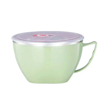 Stainless steel bowl with handle and lid in solid green, durable and anti-scalding.