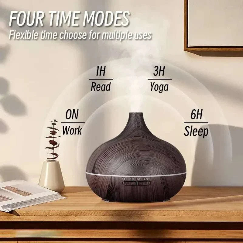 Wood grain essential oil diffuser with 7 color lights, 500ml capacity, ultrasonic, remote controlled, for home aromatherapy and humidification.