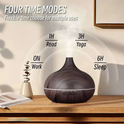 Wood grain essential oil diffuser with 7 color lights, 500ml capacity, ultrasonic, remote controlled, for home aromatherapy and humidification.
