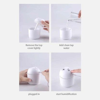 250ML Mini Aroma Oil Diffuser USB Essential Oil Atomizer setup process with four steps: removing top cover, adding water, plugging in, starting humidification.