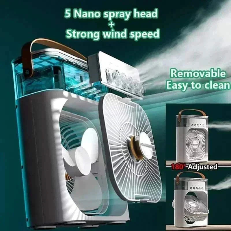 Portable 3-in-1 air cooler fan with LED light and humidifier, featuring strong wind speed and 5 nano spray head, ideal for home and office use.