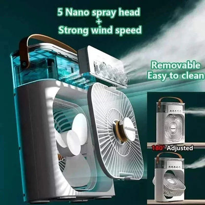 Portable 3-in-1 air cooler fan with LED light and humidifier, featuring strong wind speed and 5 nano spray head, ideal for home and office use.