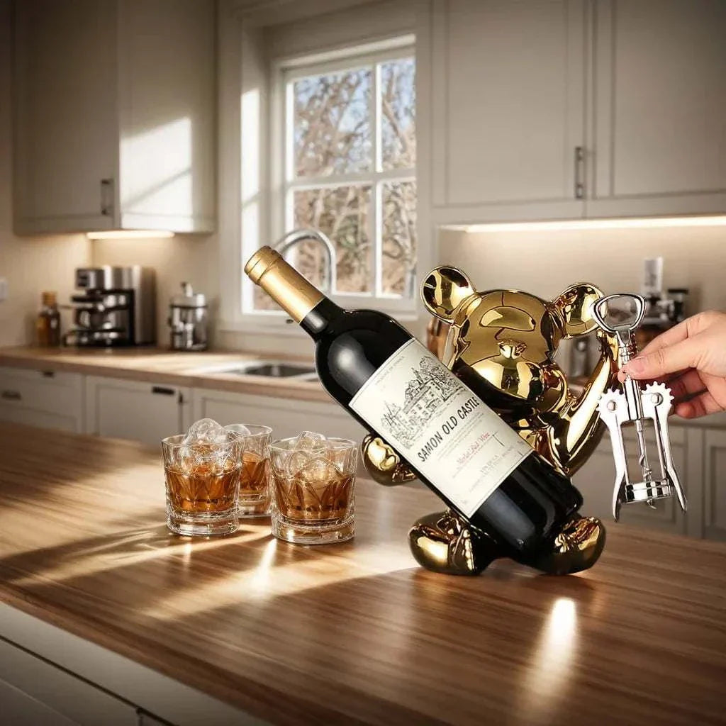 Bear wine rack holding a bottle, ceramic and plastic kitchen decor.