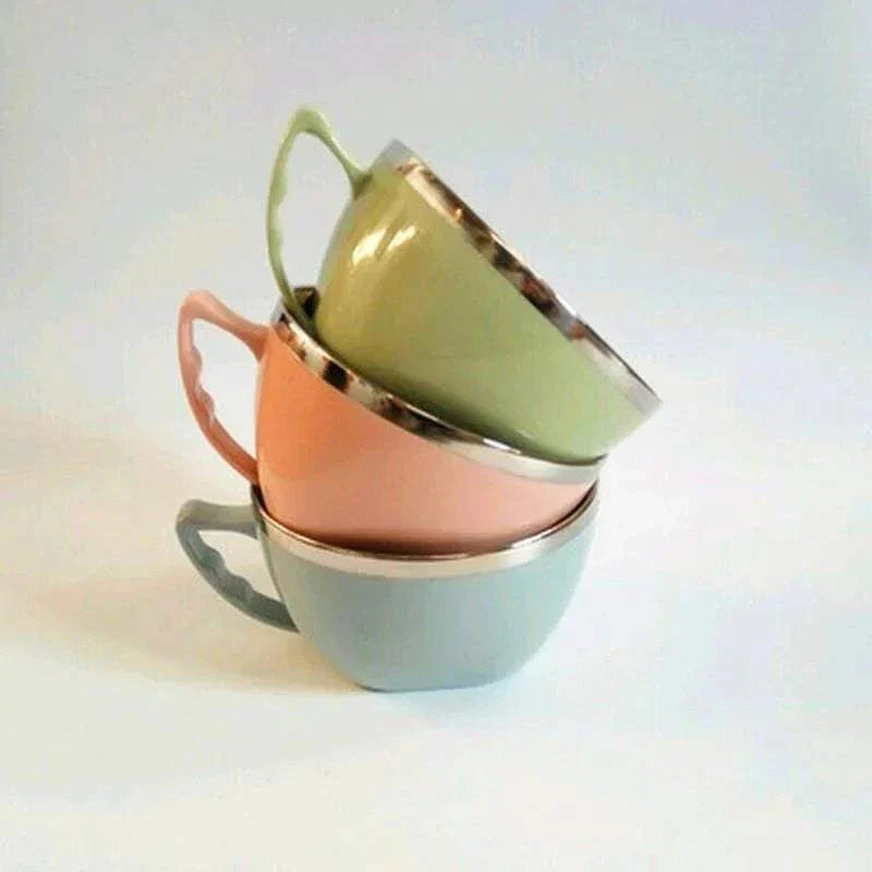 Stacked stainless steel bowls with handles in solid green, pink, and blue, designed for anti-scalding and instant noodles.