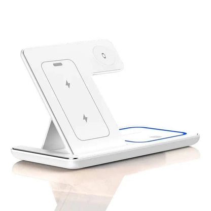 Foldable wireless charger stand for iPhone, iWatch, and AirPods with fast charging capabilities.