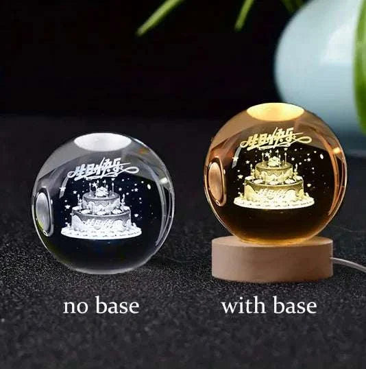 6cm 3D Crystal ball with laser-engraved design, glowing on a desktop with and without base.