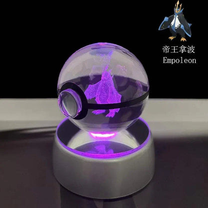Pokemon Crystal Ball with LED Base displaying Empoleon figure, perfect for kids' birthday gift and home decor.