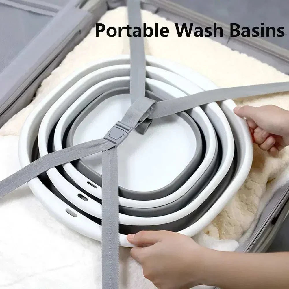 Plastic folding basins stacked for portability and easy storage.