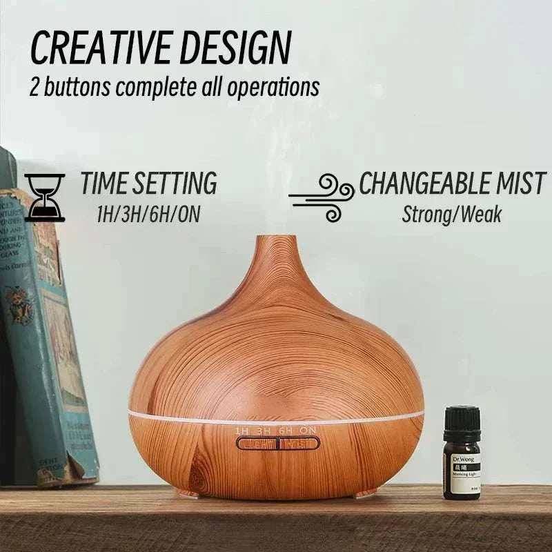 Wood grain design air humidifier aromatherapy essential oil diffuser with remote control, showcasing time setting options and changeable mist settings.