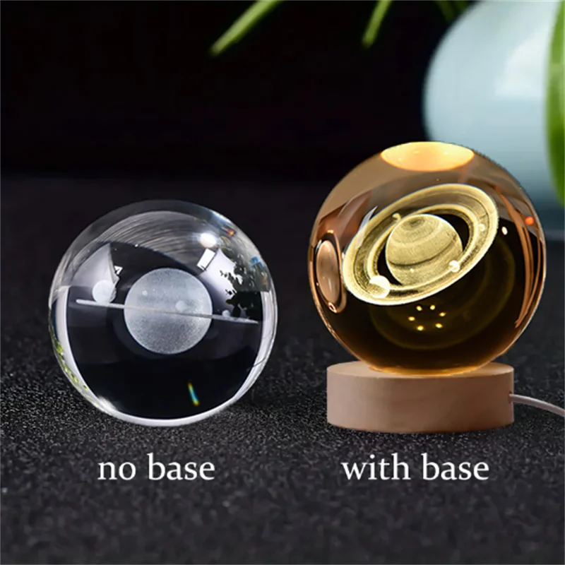6cm 3D crystal ball with and without base featuring a laser-engraved solar system design for desktop decoration.