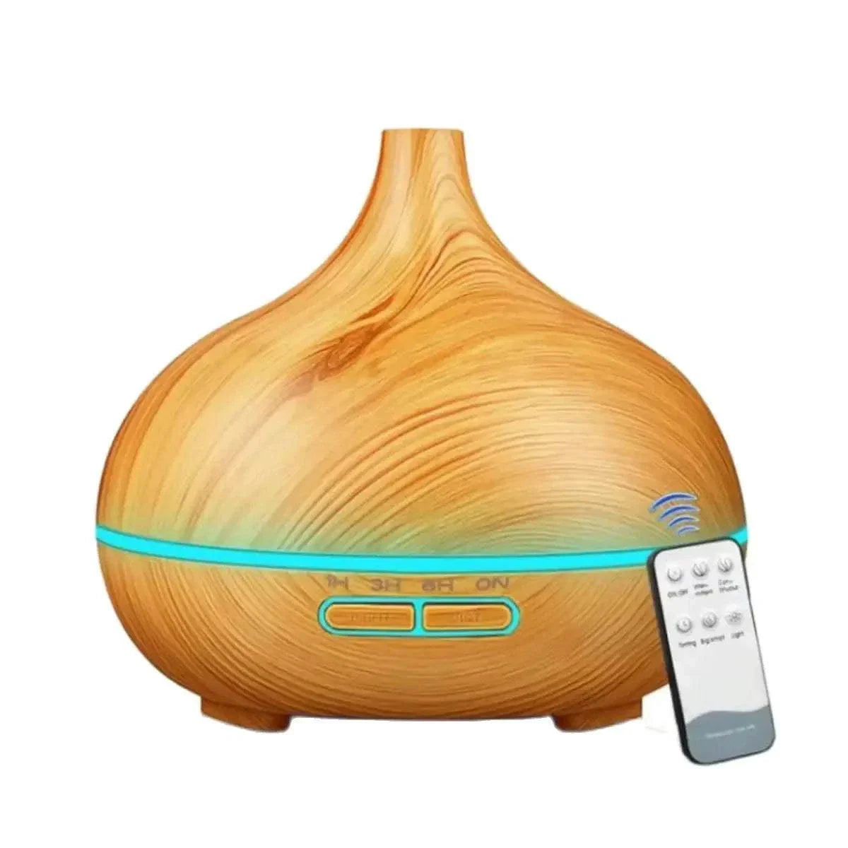 Wood grain air humidifier with remote control, 500ml capacity, ultrasonic aromatherapy diffuser with 7 color lights for home.