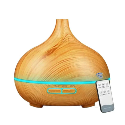 Wood grain air humidifier with remote control, 500ml capacity, ultrasonic aromatherapy diffuser with 7 color lights for home.