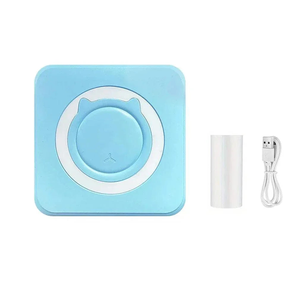Portable mini thermal printer in blue with USB cable and thermal paper roll, perfect for wireless printing on the go.