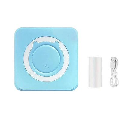 Portable mini thermal printer in blue with USB cable and thermal paper roll, perfect for wireless printing on the go.