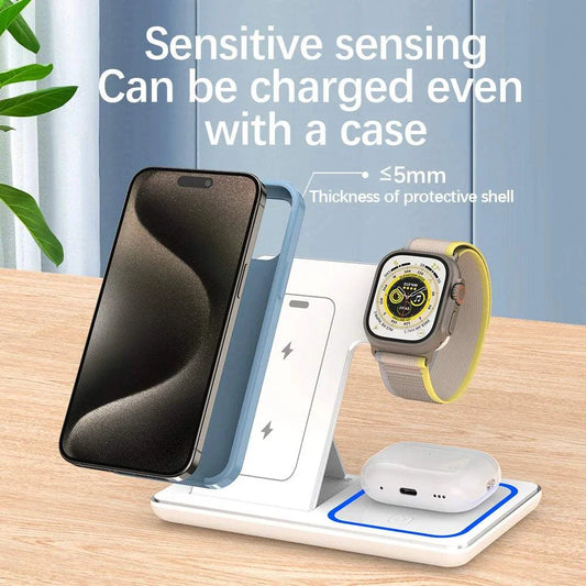 Foldable wireless charger stand with phone, watch, and earbuds charging; case-friendly design.