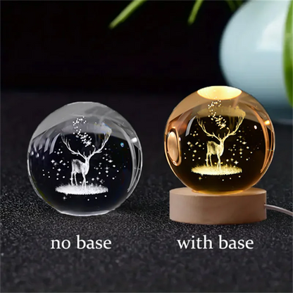6cm 3D Crystal ball with and without base, featuring laser engraved deer design, used for home decoration or gifts.