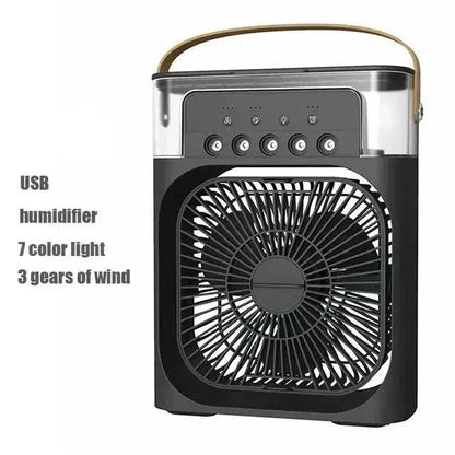 Portable 3-in-1 fan air conditioner and humidifier with USB, 7-color LED light, and adjustable wind speed.