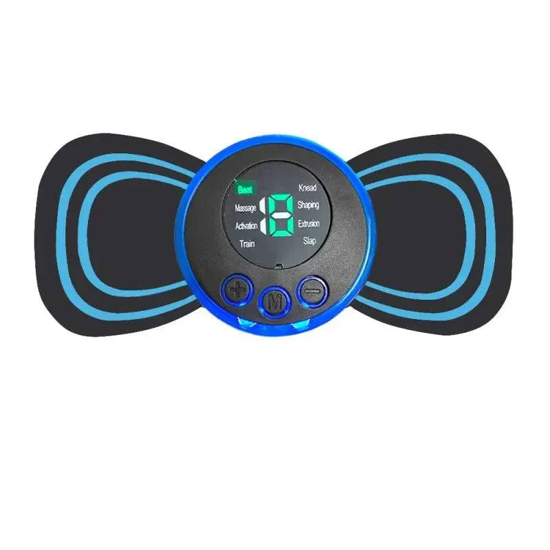 Intelligent mini electric neck massager with adjustable settings, black and blue design.