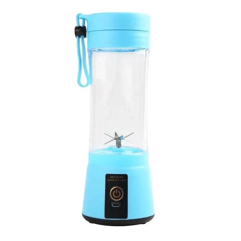 Portable electric mini blender in blue, featuring USB charging, 6 blades, and a compact design for home and travel use.
