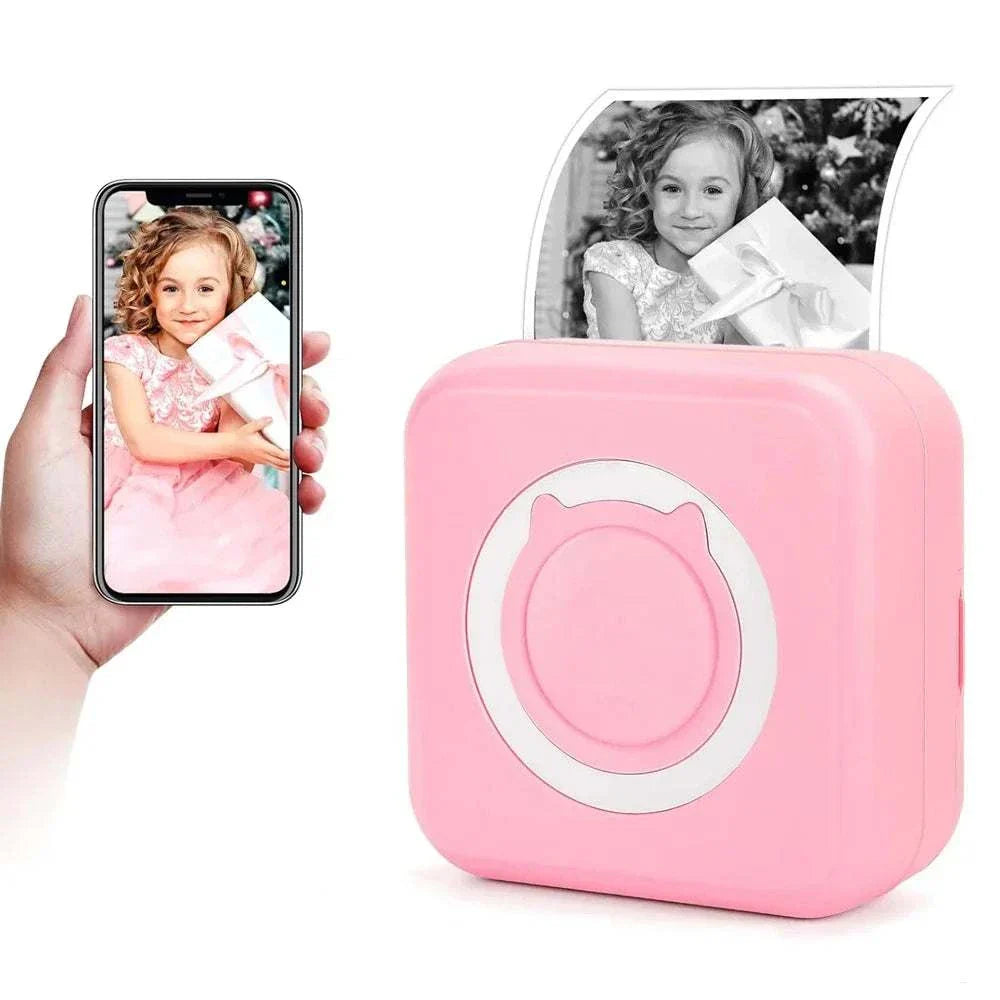 Portable mini thermal printer in pink with wireless connectivity, displaying printed black-and-white photo.