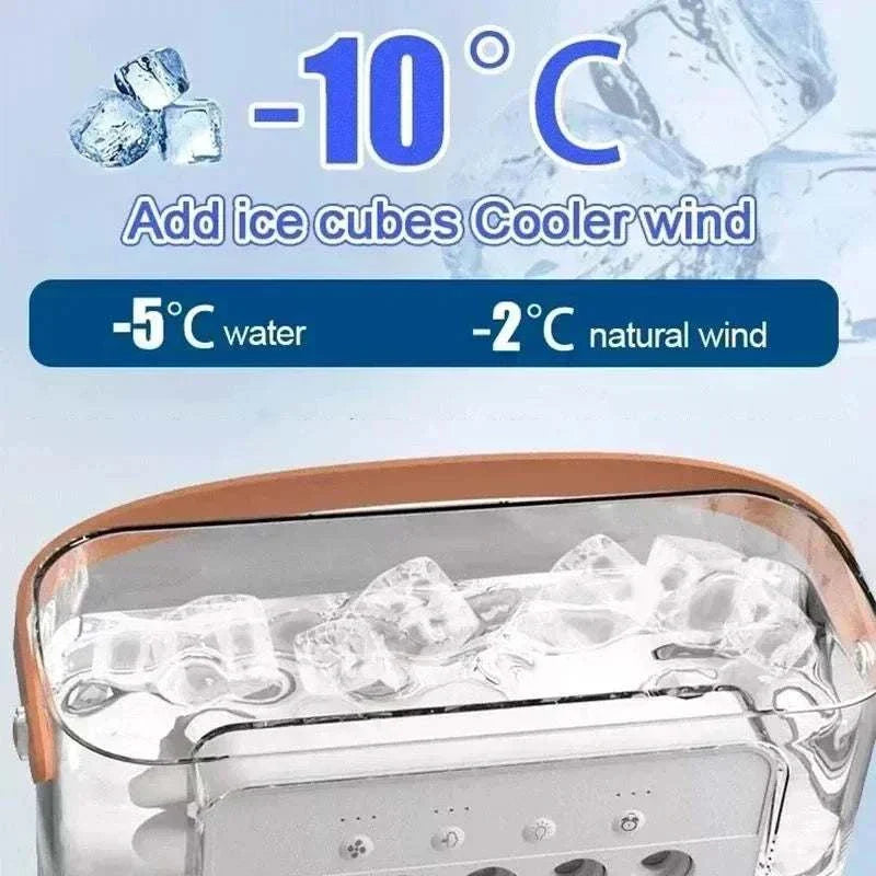 Portable 3 in 1 fan air conditioner with ice cubes, showcasing cooler wind feature for enhanced cooling.