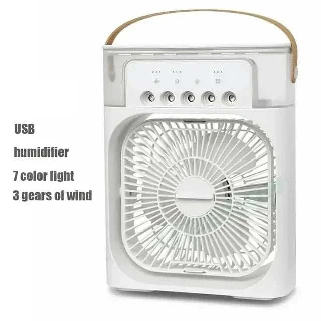 Portable 3 in 1 fan with humidifier, 7 color LED light, USB powered, white.