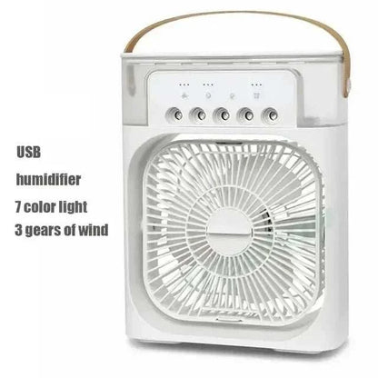 Portable 3 in 1 fan with humidifier, 7 color LED light, USB powered, white.