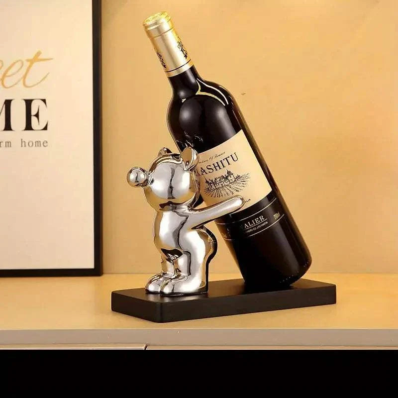 Bear wine rack with ceramic bear and plastic base, home decor for bars and kitchens.
