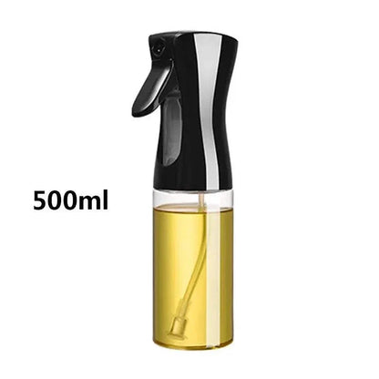 500ml oil spray bottle with black top and transparent body for kitchen cooking and baking.