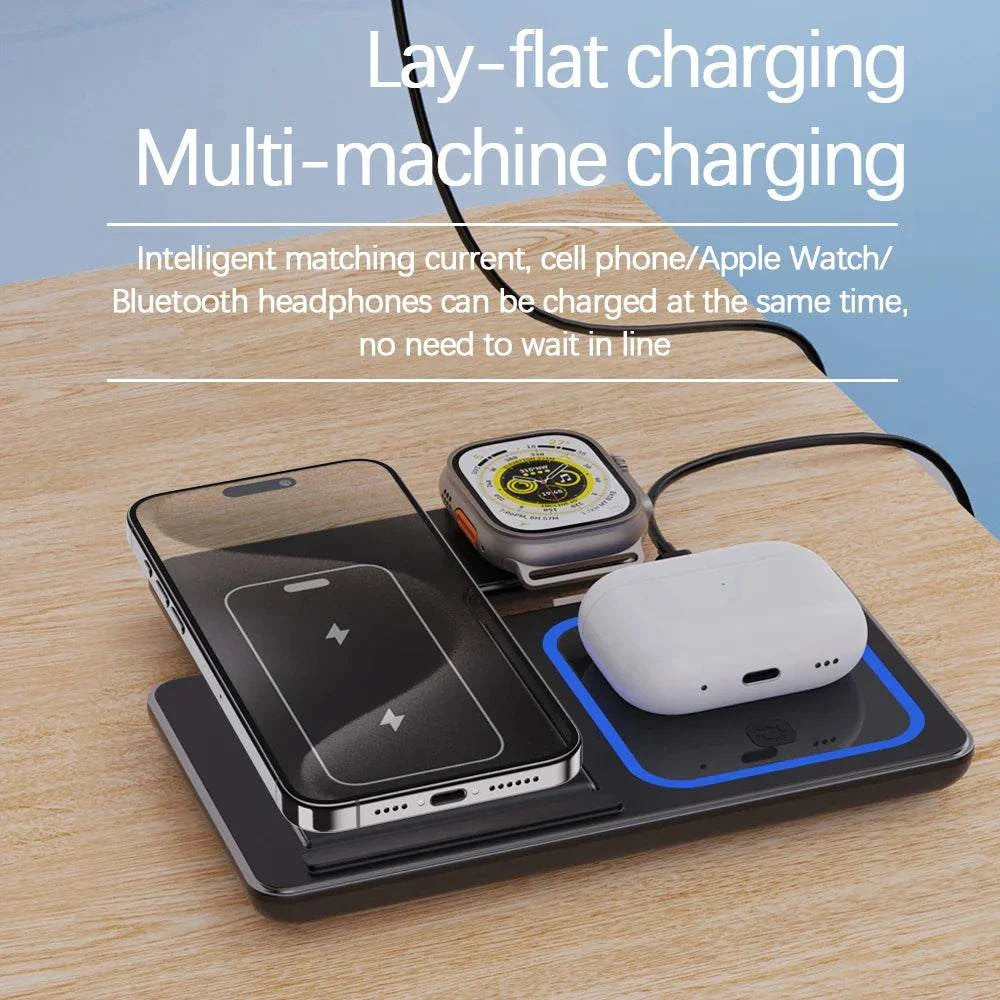 foldable wireless charger for iPhone, Apple Watch, and AirPods with lay-flat design on wooden desk
