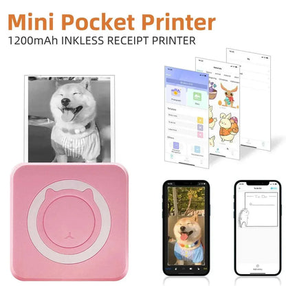 Portable mini thermal printer with wireless BT connectivity and pink design, featuring inkless printing for photos and memos.