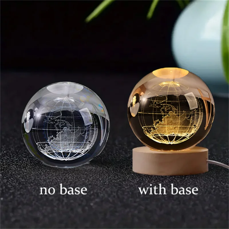 6cm 3D crystal ball with night light feature, laser engraved solar system globe, shown with and without base.