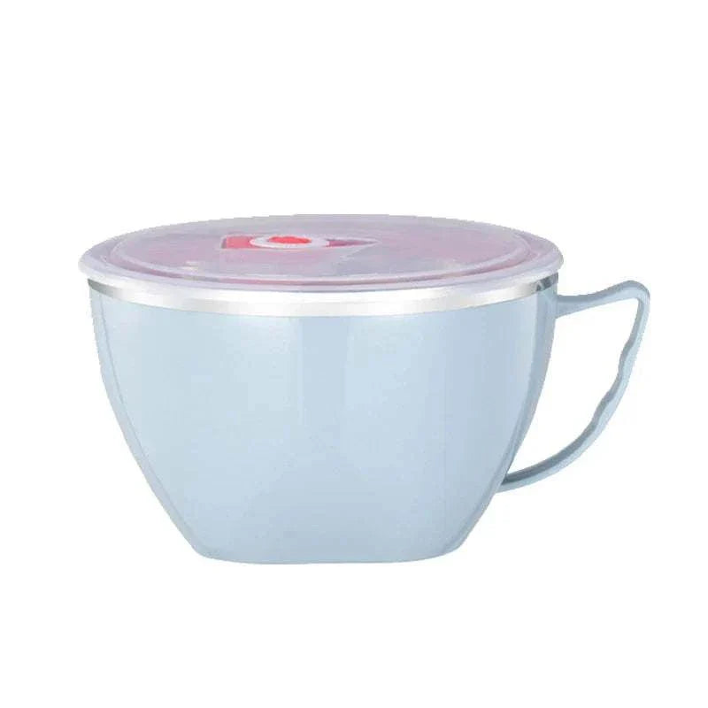Stainless steel bowl with handle and lid in solid color, suitable for instant noodles and mixing.