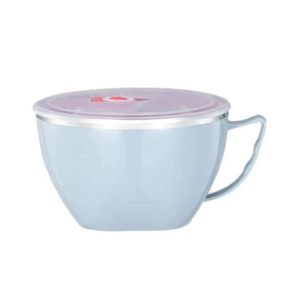 Stainless steel bowl with handle and lid in solid color, suitable for instant noodles and mixing.