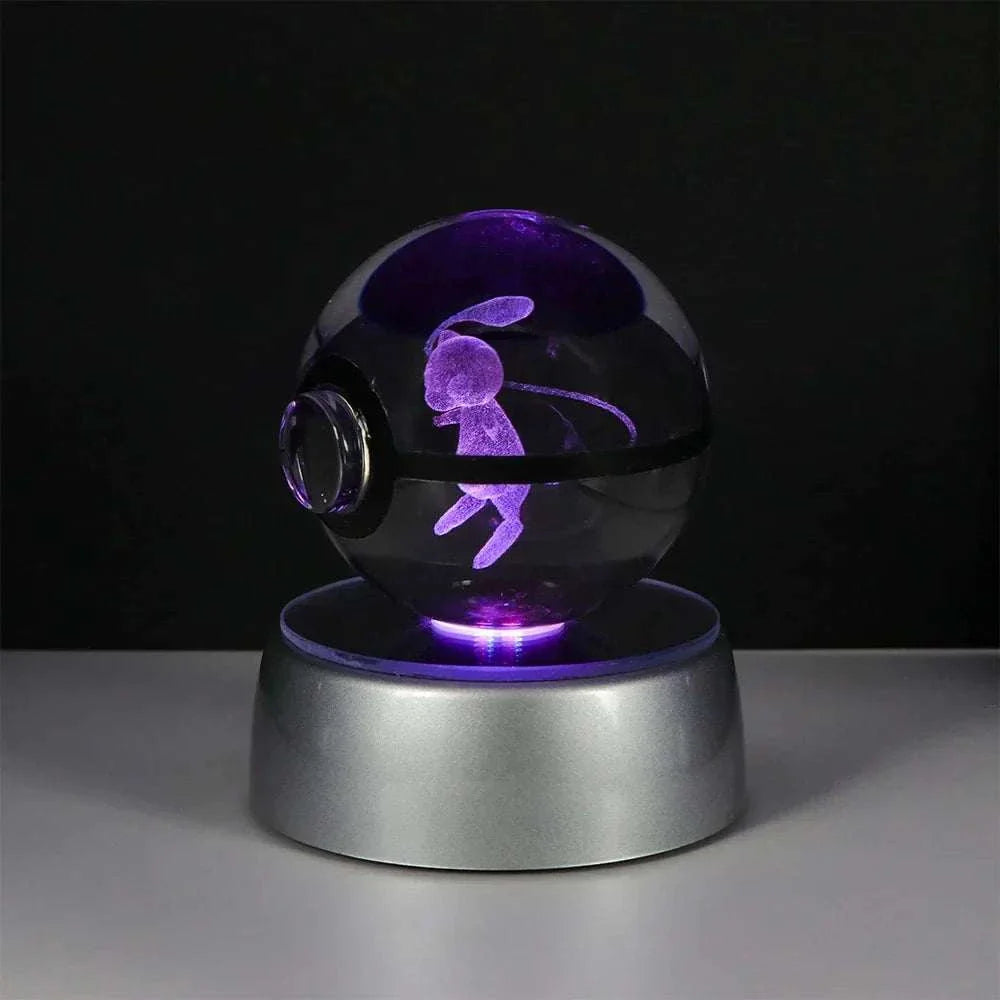 Pokemon Crystal Ball with LED base featuring Mewtwo engraving, 5cm diameter, home decor.