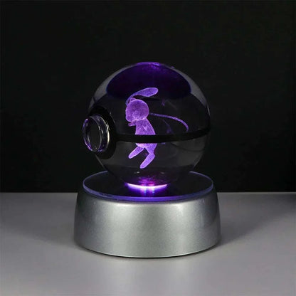 Pokemon Crystal Ball with LED base featuring Mewtwo engraving, 5cm diameter, home decor.