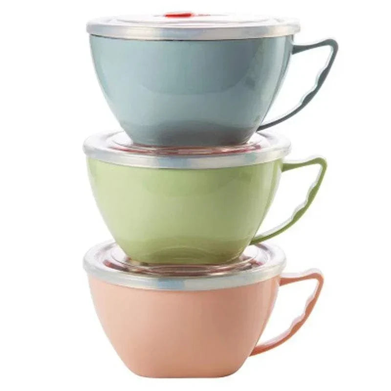 Stainless steel bowls with handles in blue, green, and pink, ideal for mixing and serving instant noodles.