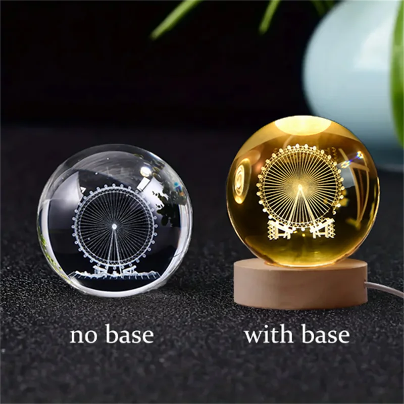 6cm 3D Crystal ball laser engraved night light with base, astronomy gift.