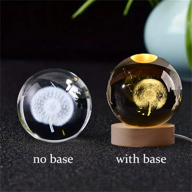 6cm 3D crystal ball showing dandelion design with and without base for home and gift decor.