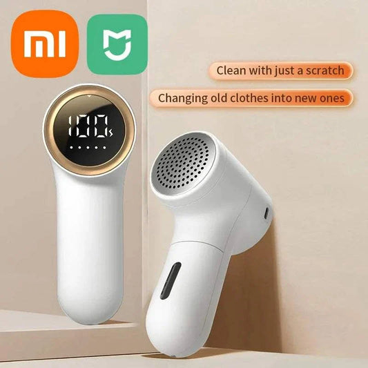 Xiaomi Electric Lint Remover with digital display, USB rechargeable, shown removing fabric pills from clothes.