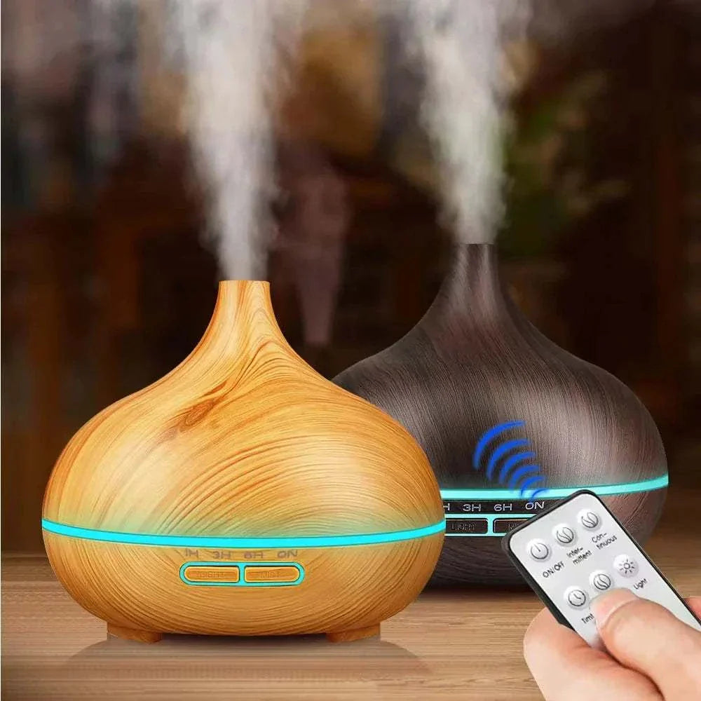 Wood grain air humidifier aromatherapy diffuser with remote control and 7 color lights for home use.