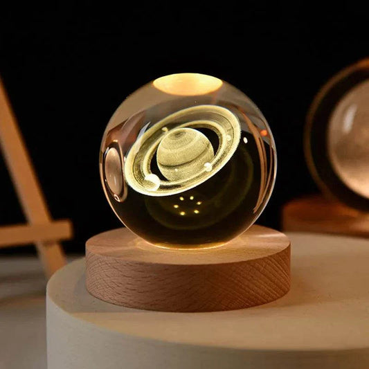 6cm 3D Crystal Ball Laser Engraved Solar System Night Light on Wooden Base
