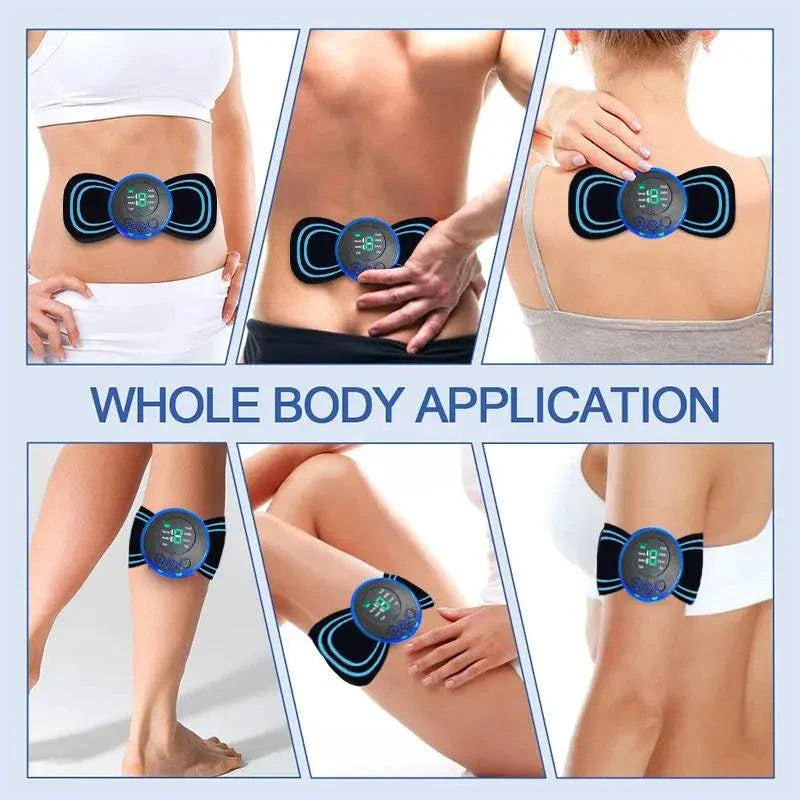Whole body application of Intelligent Mini Electric Neck Massager on abdomen, back, neck, leg, and arm.